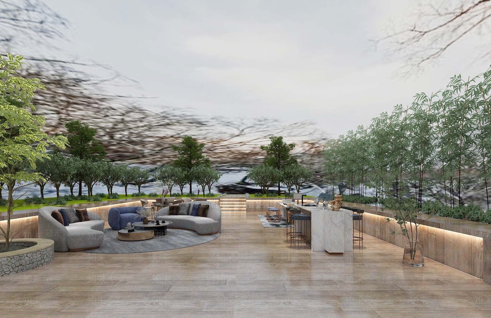 现代民宿外景休息区3D模型下载【ID:995259611】