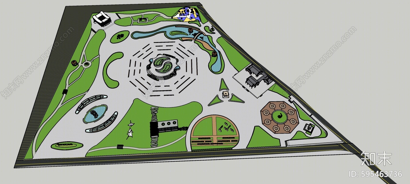 新中式公园景观SU模型下载【ID:595463736】