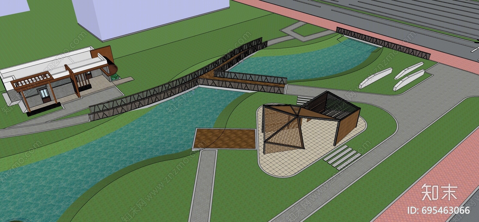 现代滨水景观SU模型下载【ID:695463066】
