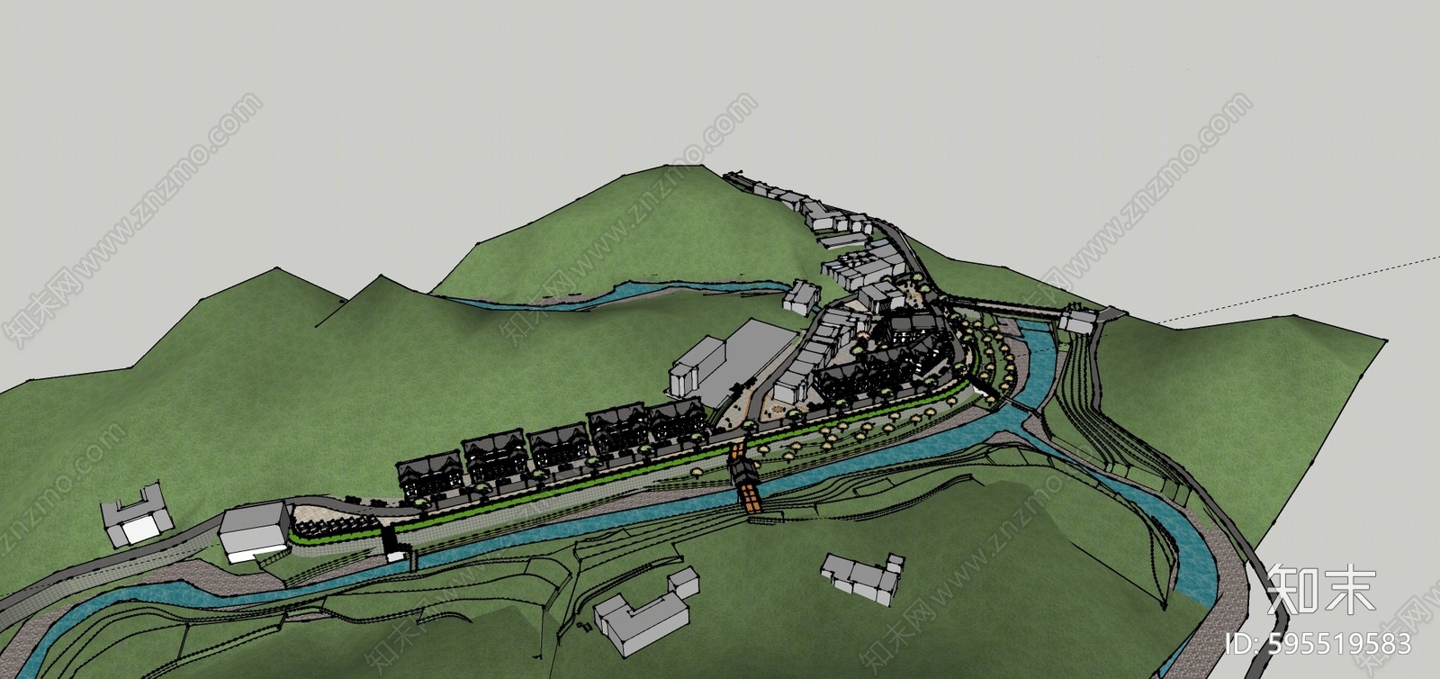 中式古镇度假村SU模型下载【ID:595519583】