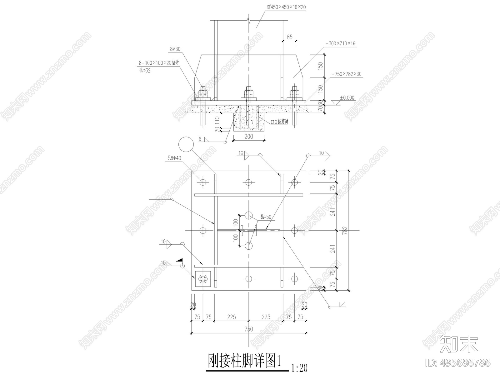 钢结构柱脚节点详图cad施工图下载【ID:495686786】