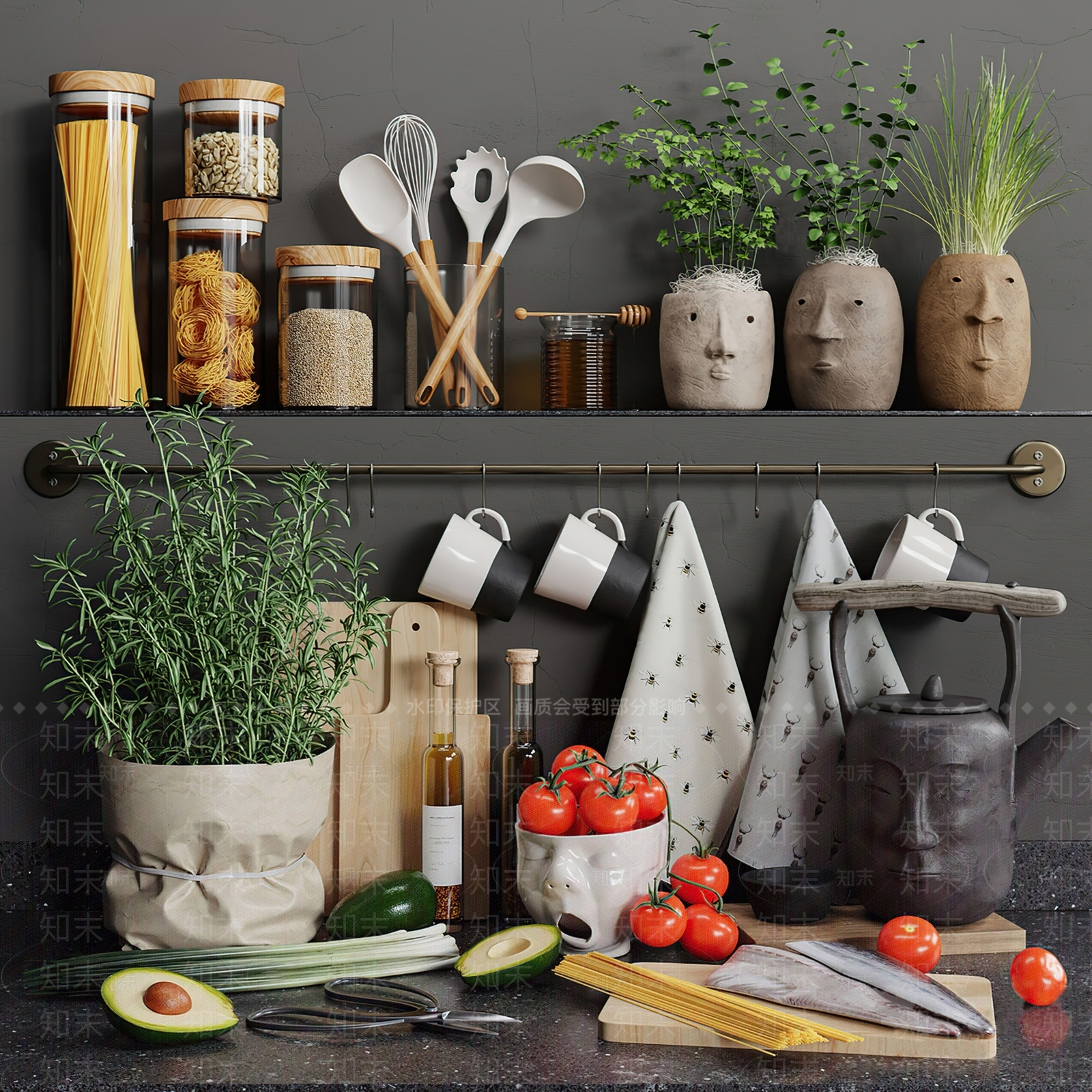 现代厨房用品组合SU模型下载【ID:195842362】