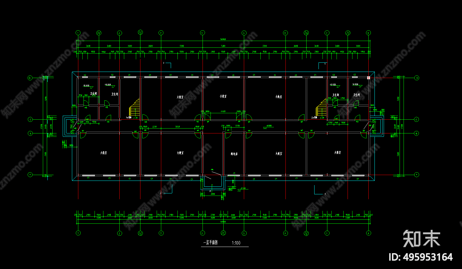 某六层一字型框架结构教学楼建筑图结构图施工图下载【ID:495953164】