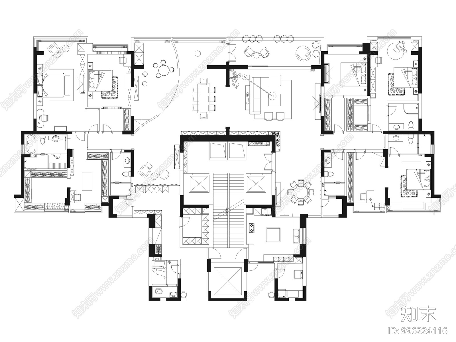 豪宅别墅cad平面图施工图下载【ID:996224116】