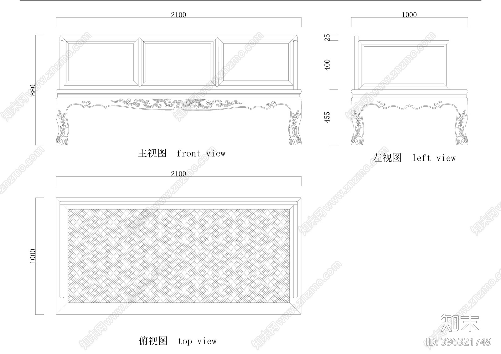 罗汉床cad施工图下载【ID:396321749】