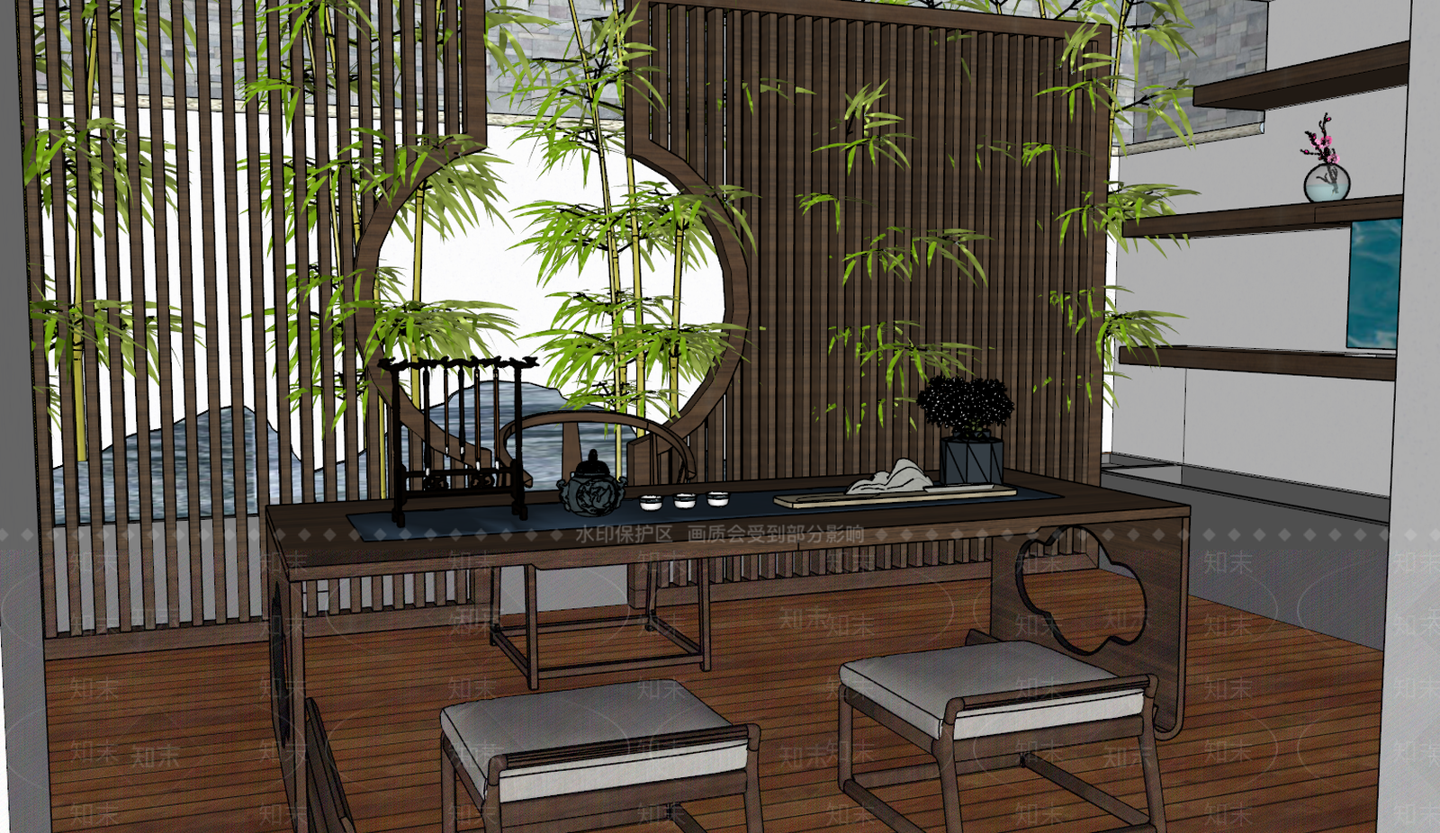 新中式家居茶室SU模型下载【ID:496347961】