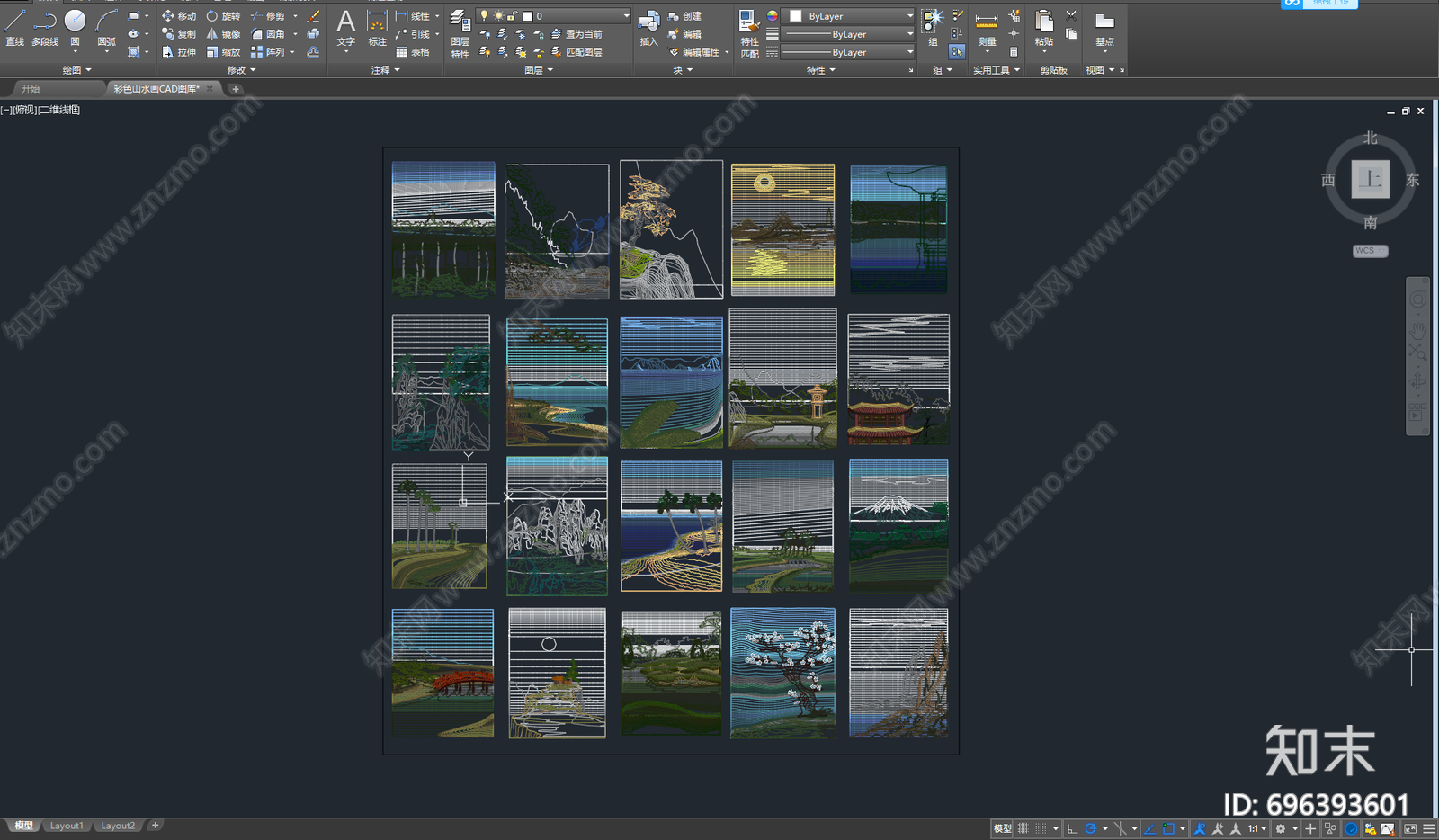 彩色山水画CAD图库施工图下载【ID:696393601】