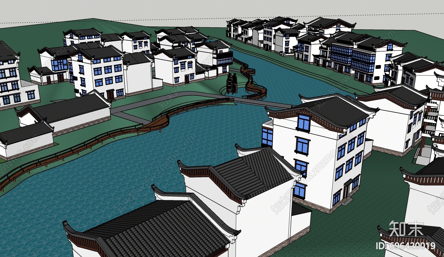 新中式滨水景观SU模型下载【ID:696420019】