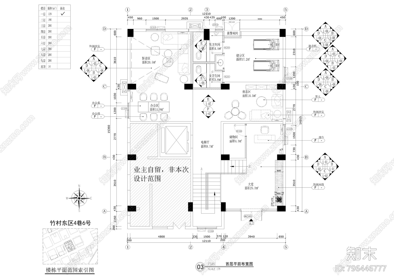 健身房平面图cad施工图下载【ID:796446777】