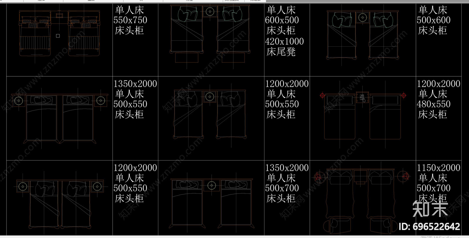 单人床cad施工图下载【ID:696522642】