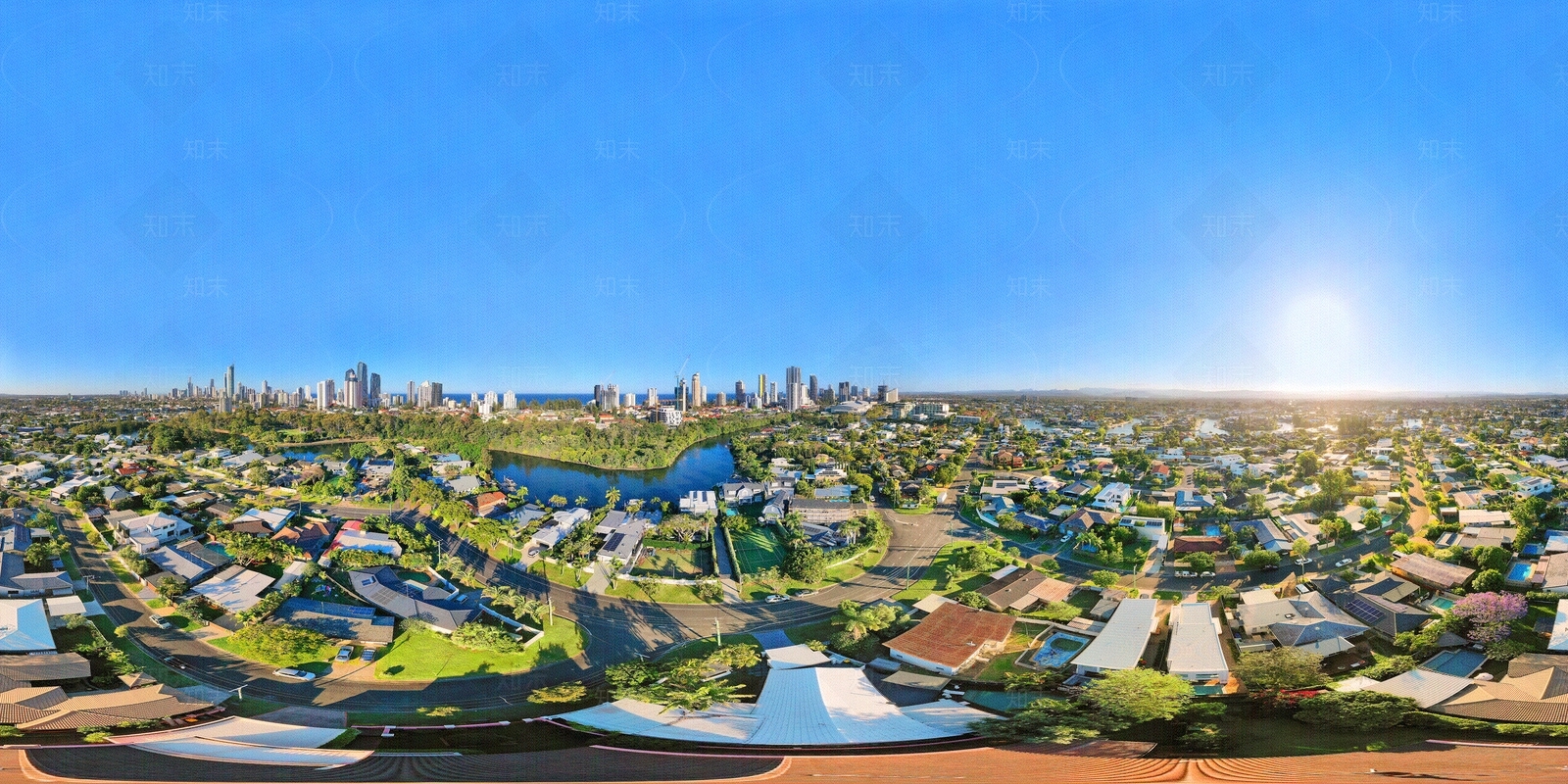 HDR美丽小镇日出全景鸟瞰贴图下载【ID:696609779】