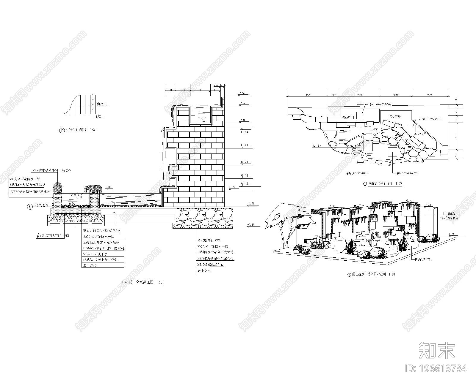 假山置石跌水瀑布平面立面cad施工图下载【ID:196613734】