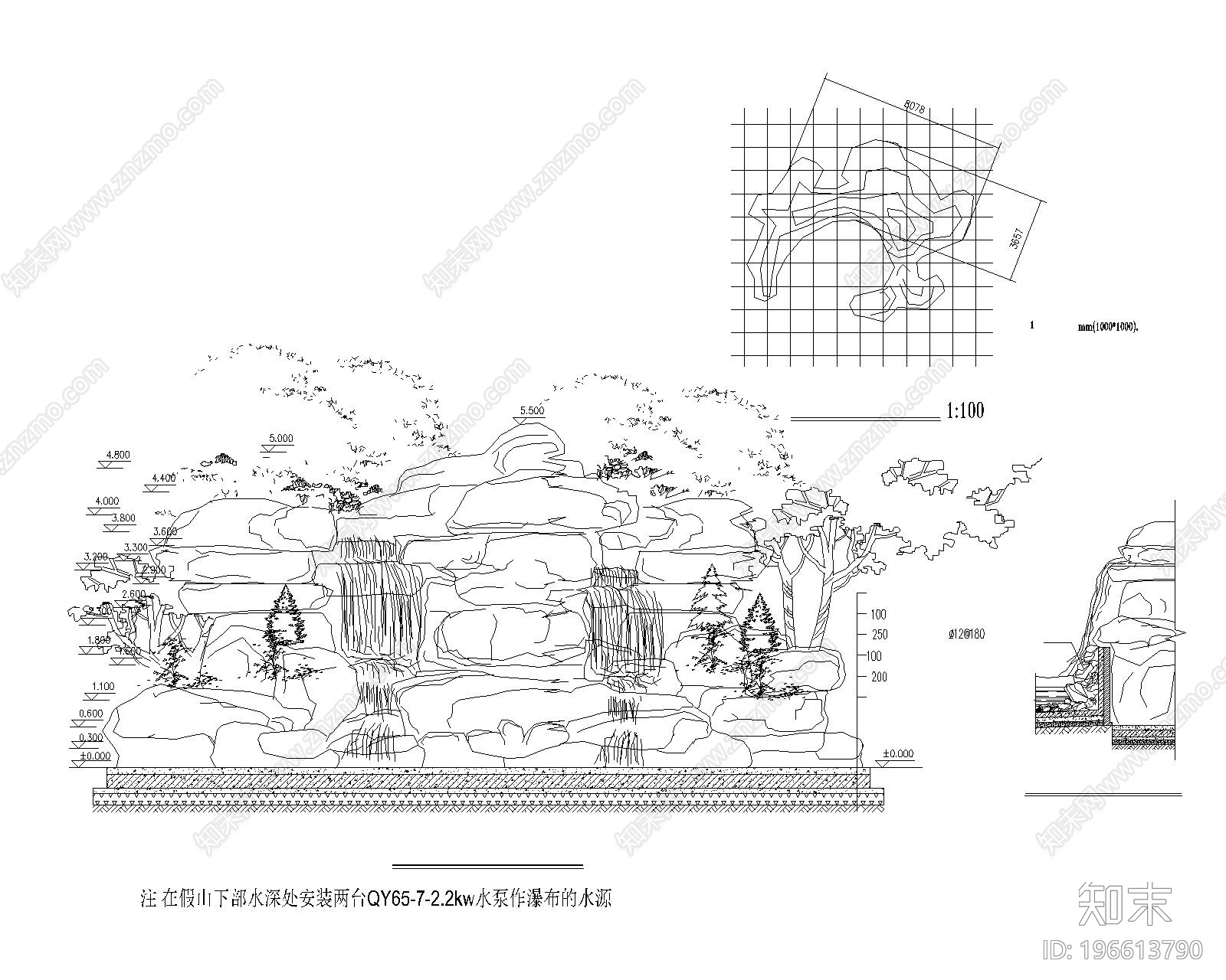 假山跌水瀑布cad施工图下载【ID:196613790】