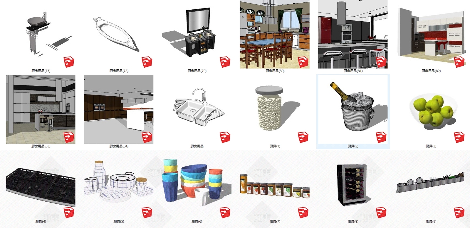 现代厨房用品组合SU模型下载【ID:796703136】