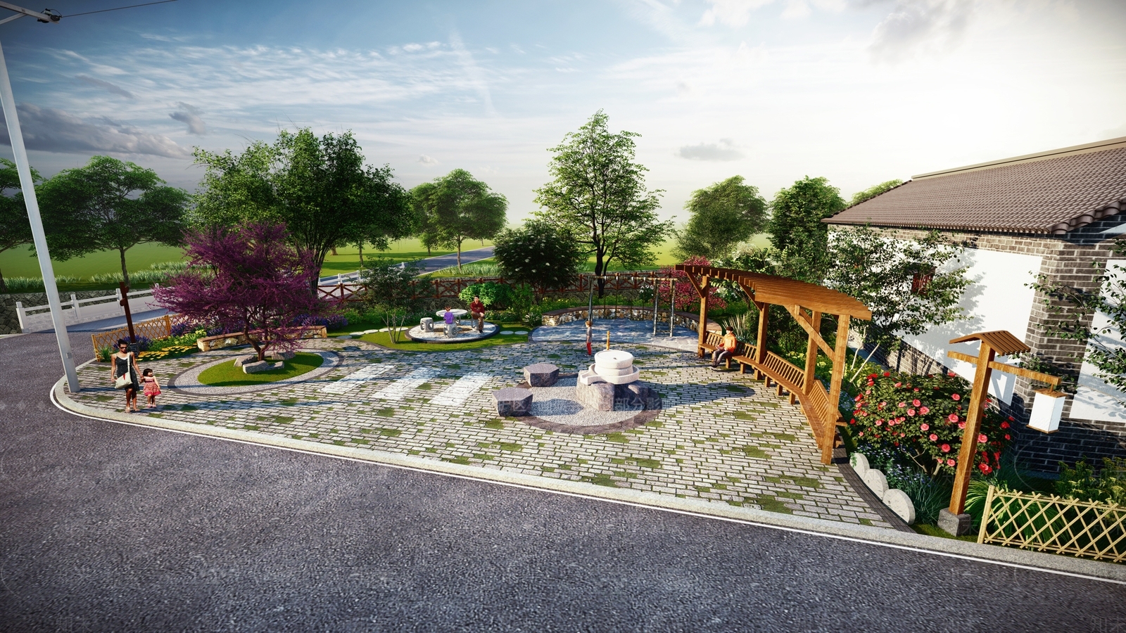 中式乡村小广场景观SU模型下载【ID:596808860】