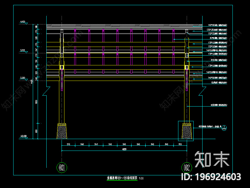 弧形重檐游廊cad施工图下载【ID:196924603】