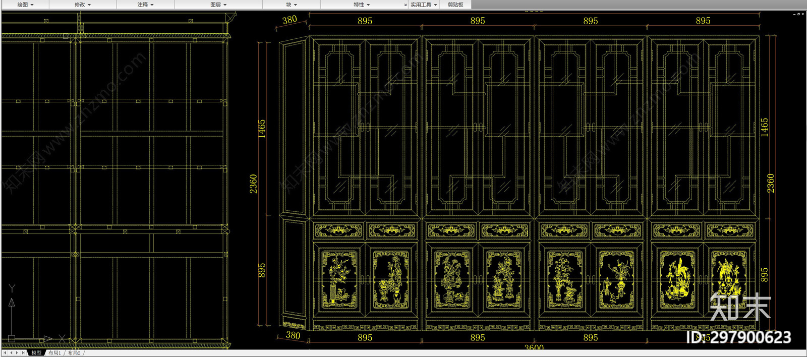 中式雕花高柜cad施工图下载【ID:297900623】