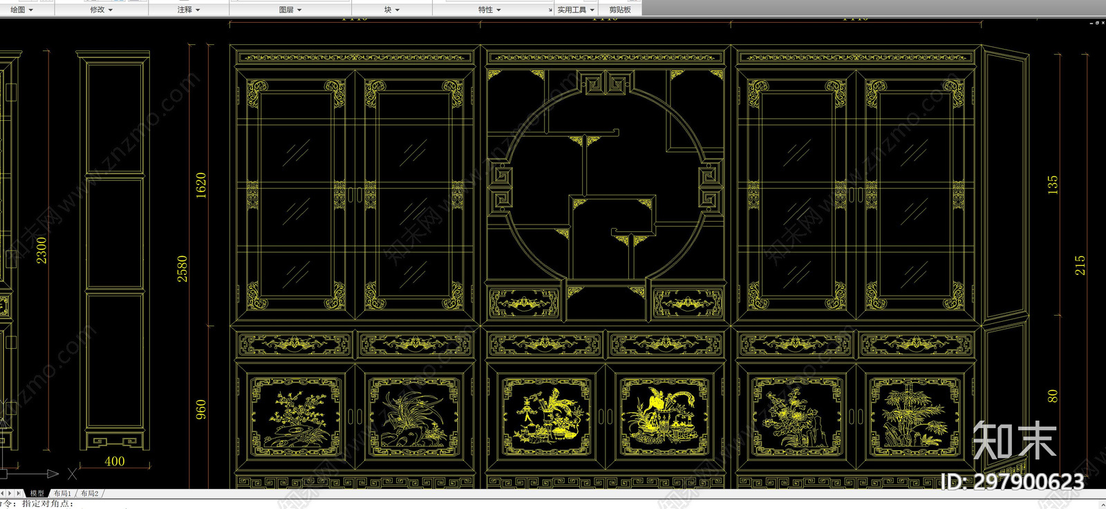 中式雕花高柜cad施工图下载【ID:297900623】
