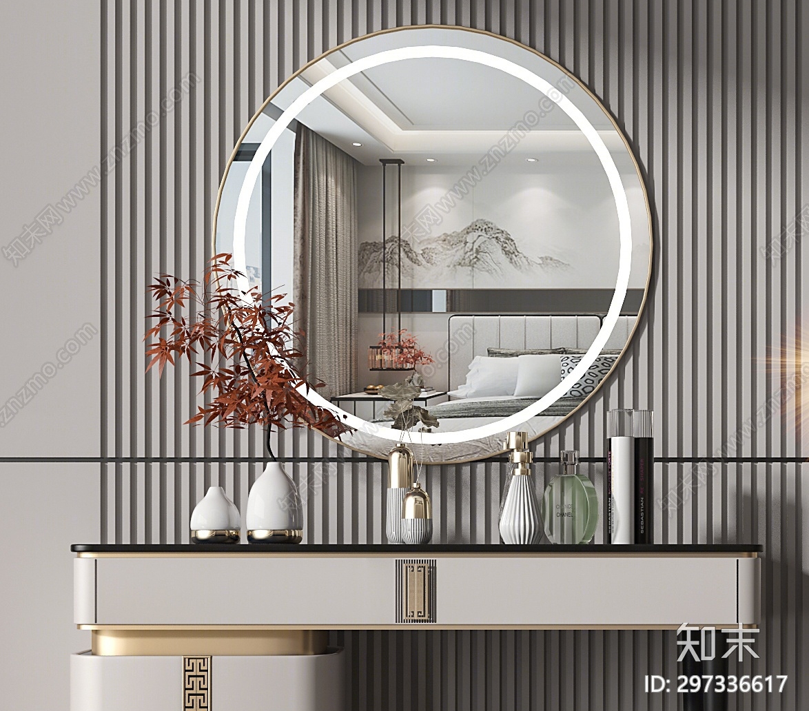 新中式妆台妆椅组合3D模型下载【ID:297336617】