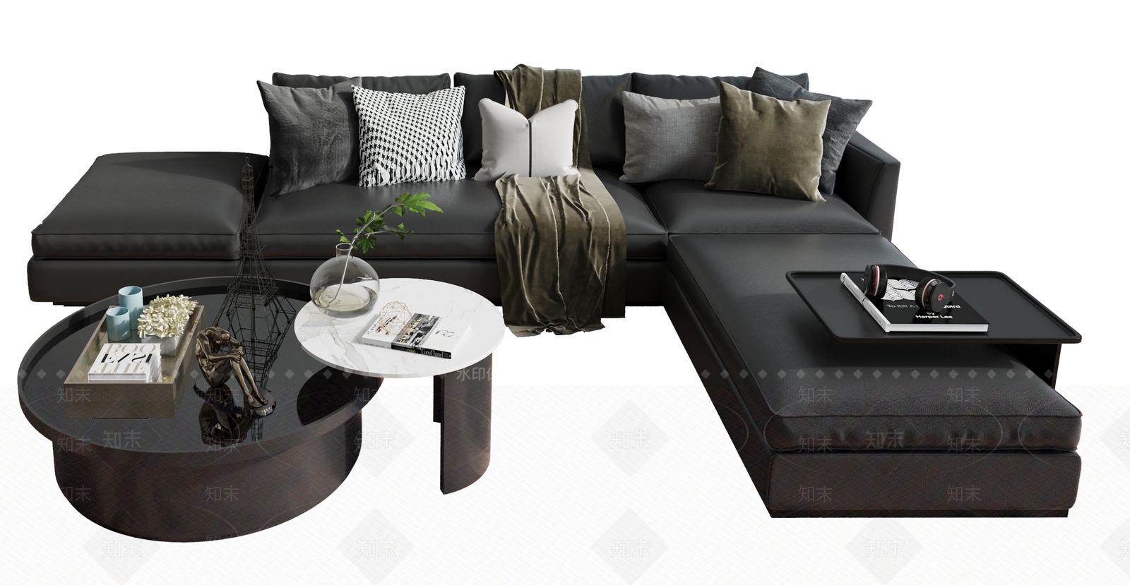 现代皮质沙发茶几组合3D模型下载【ID:397377355】