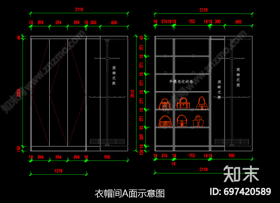 衣帽间cad施工图下载【ID:697420589】