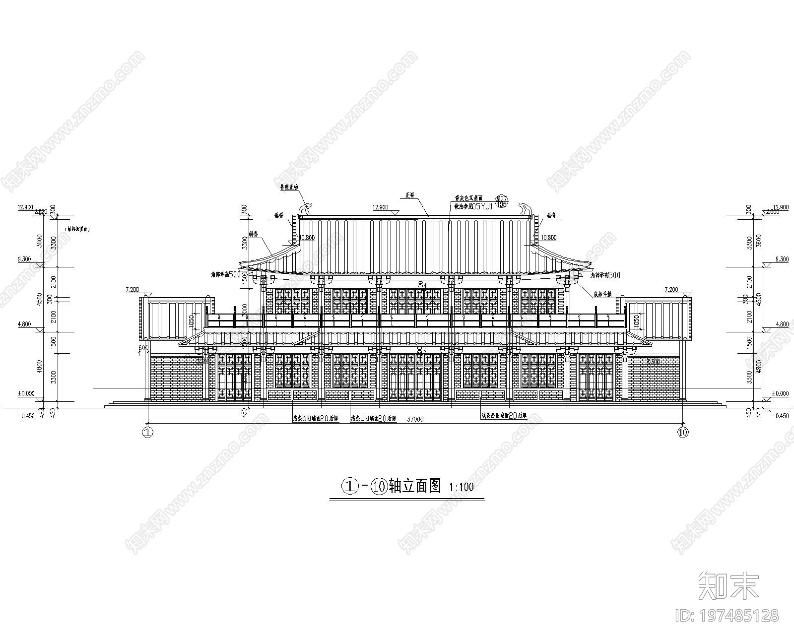 中式三层框架结构古建筑cad施工图下载【ID:197485128】