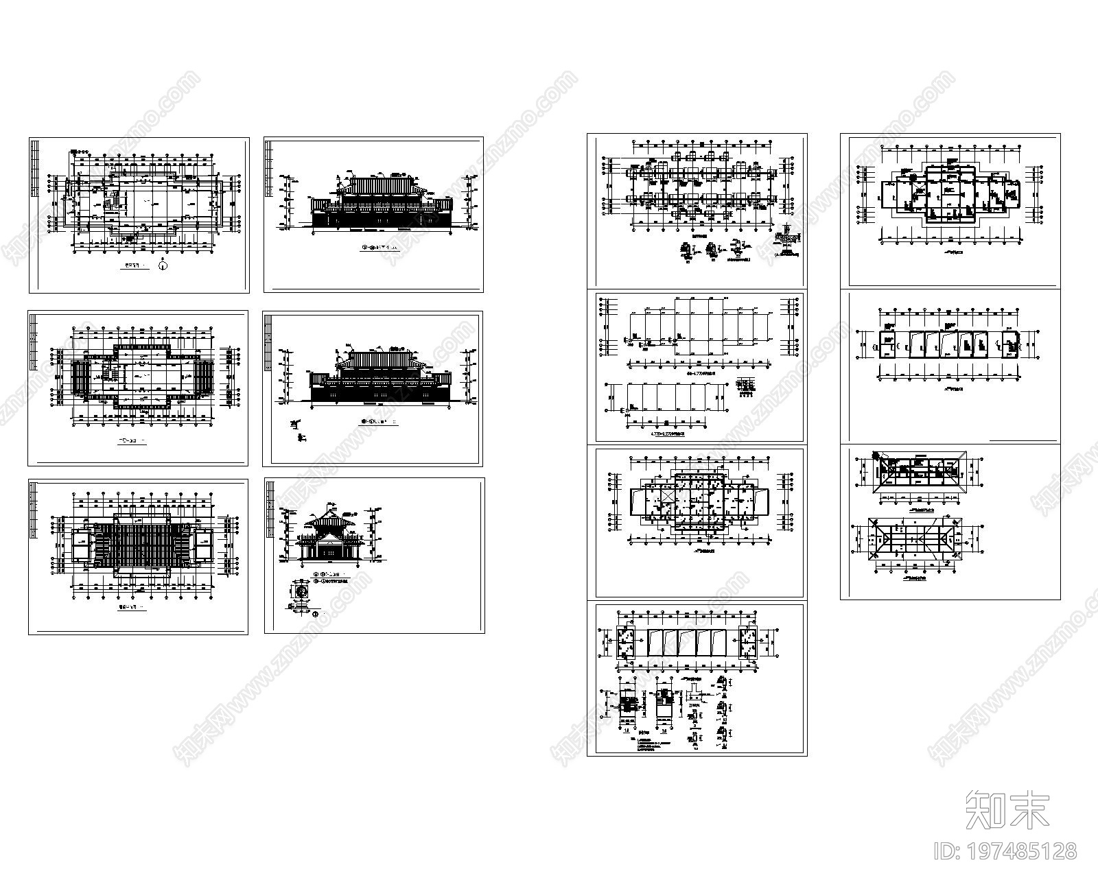 中式三层框架结构古建筑cad施工图下载【ID:197485128】