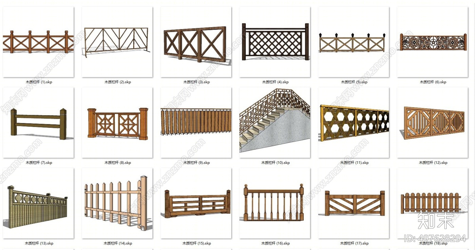 中式木艺栏杆SU模型下载【ID:497628294】