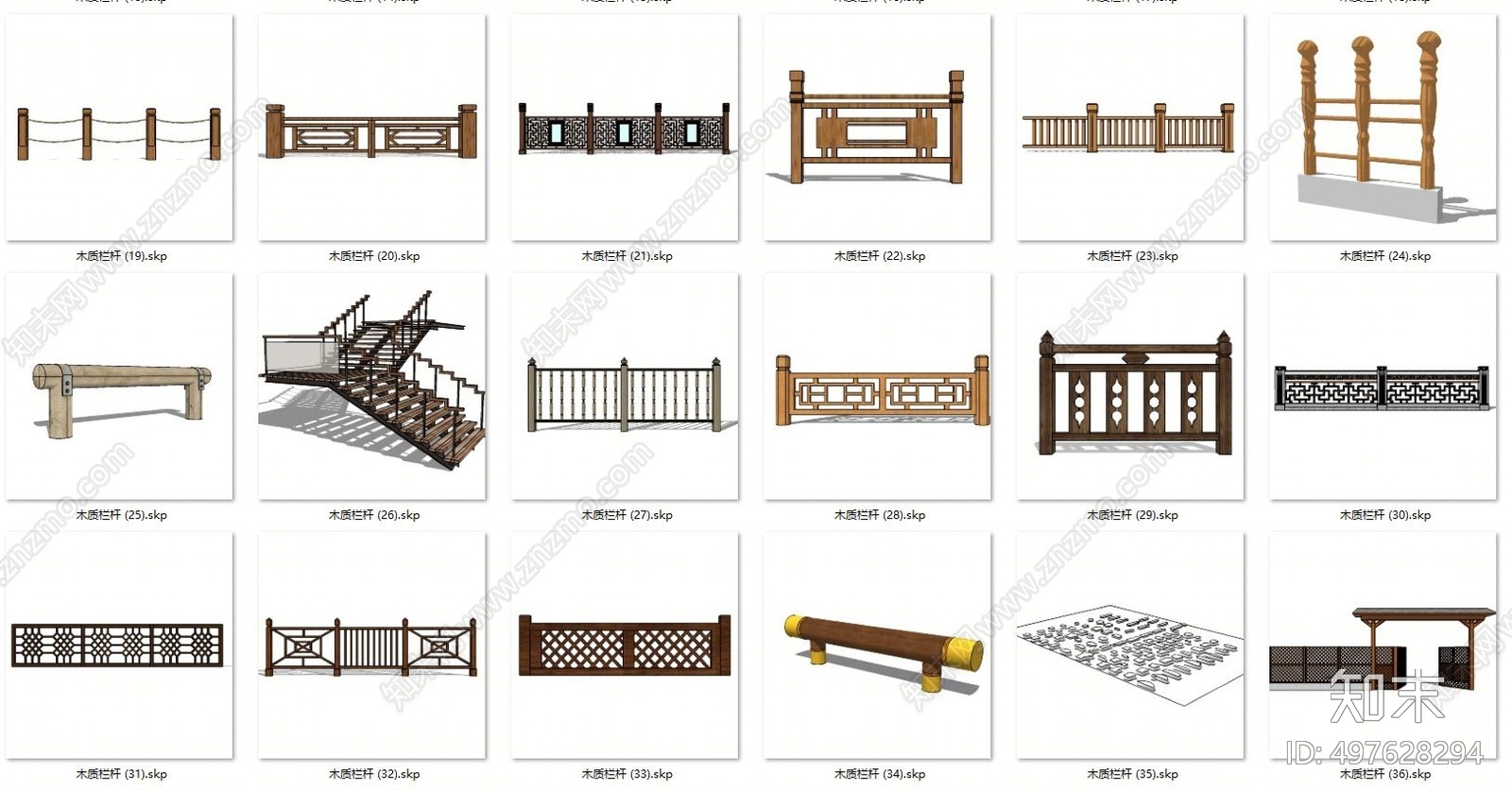 中式木艺栏杆SU模型下载【ID:497628294】