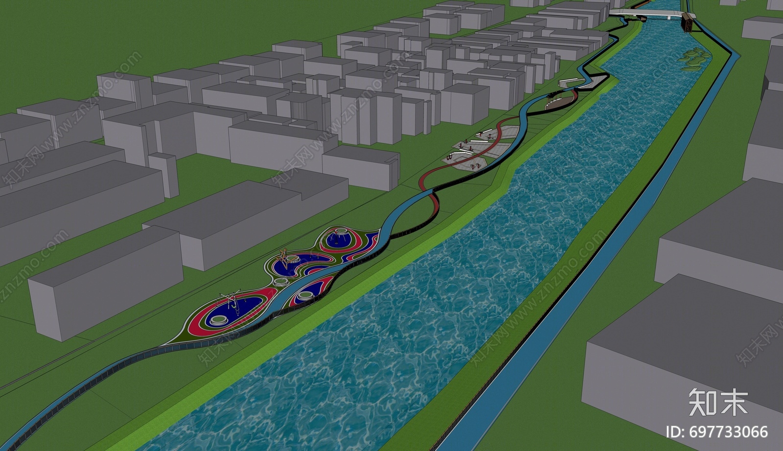 现代滨水景观SU模型下载【ID:697733066】