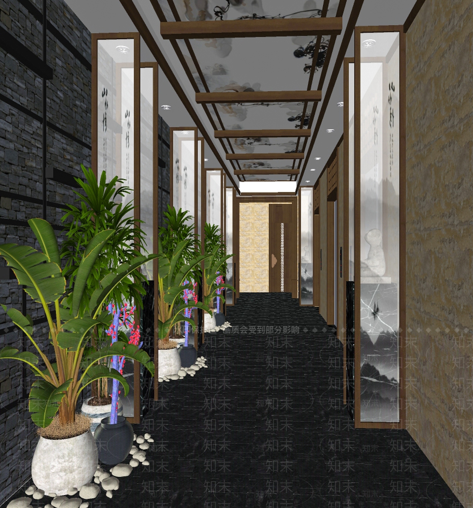 新中式酒店玄关过道SU模型下载【ID:997900447】