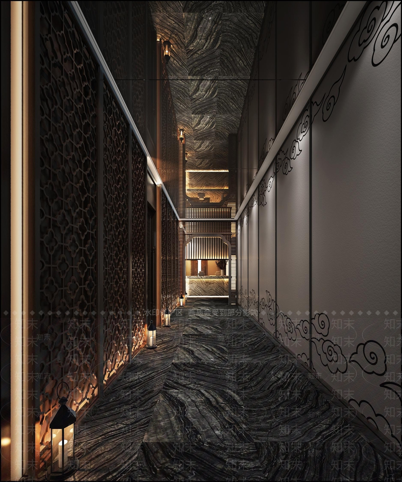新中式酒店玄关过道SU模型下载【ID:997971404】