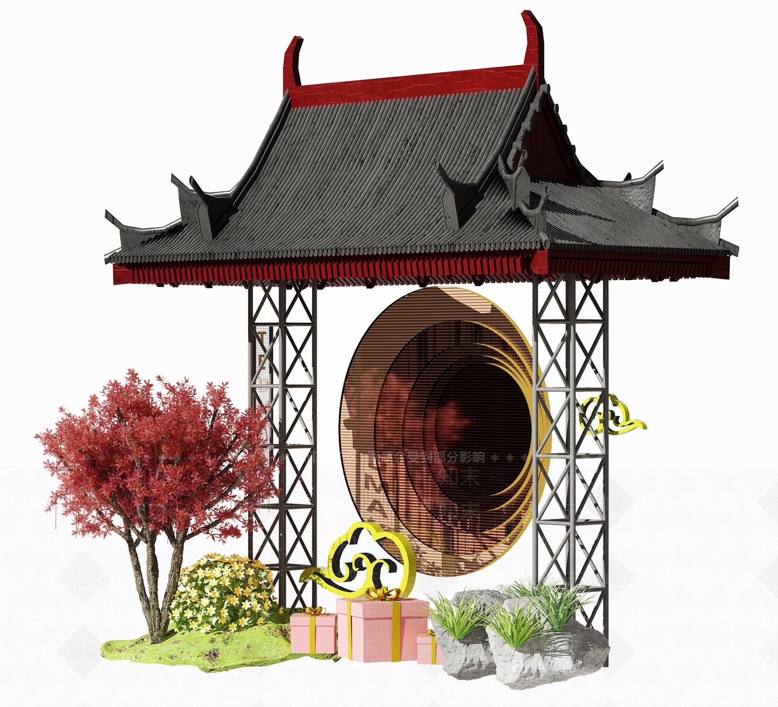 新中式古建门头3D模型下载【ID:298119838】