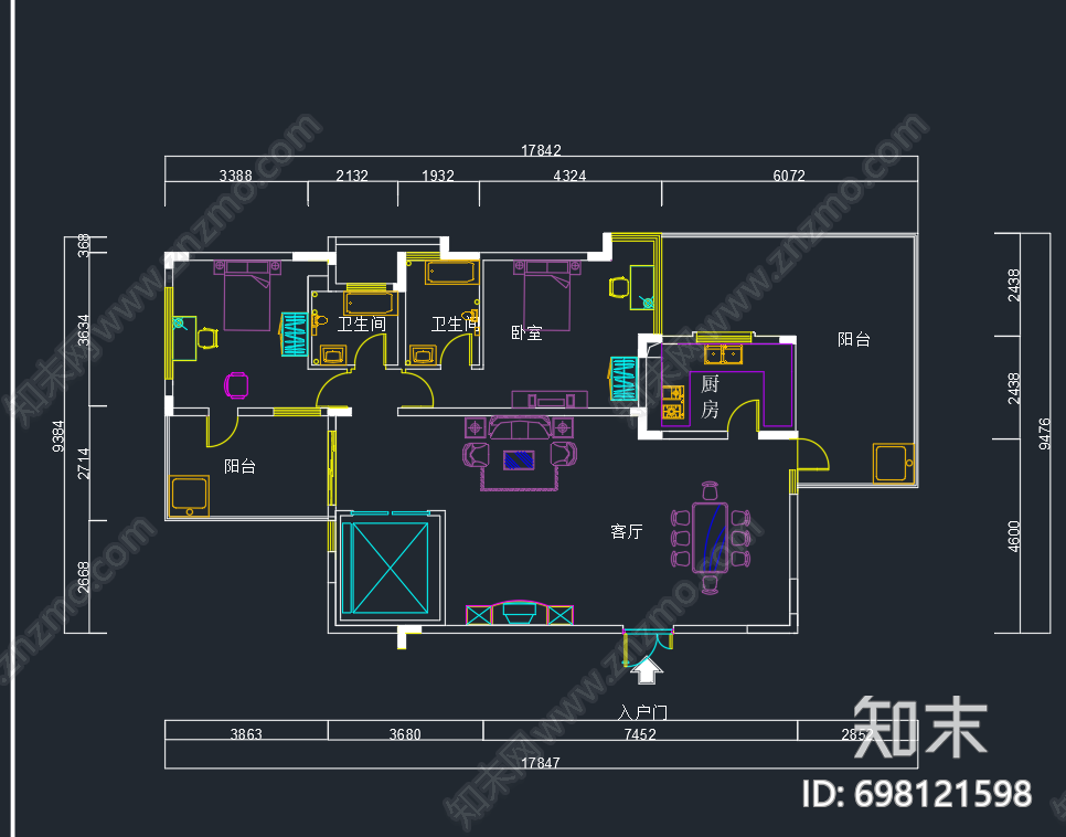 家装平面图cad施工图下载【ID:698121598】