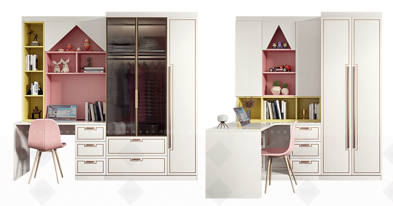 现代儿童转角书桌书柜一体组合3D模型下载【ID:998315559】