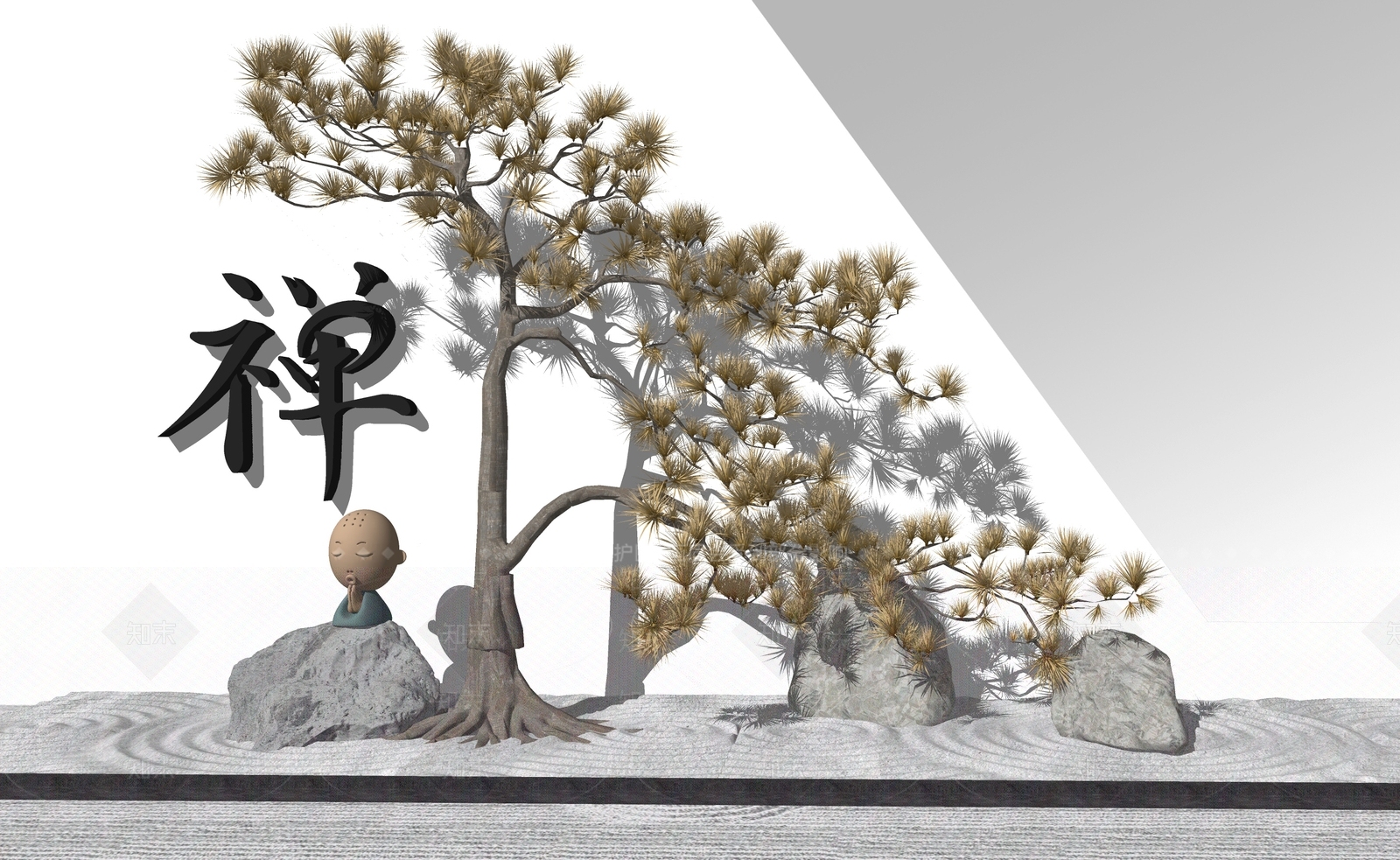 新中式石头松树SU模型下载【ID:898354785】