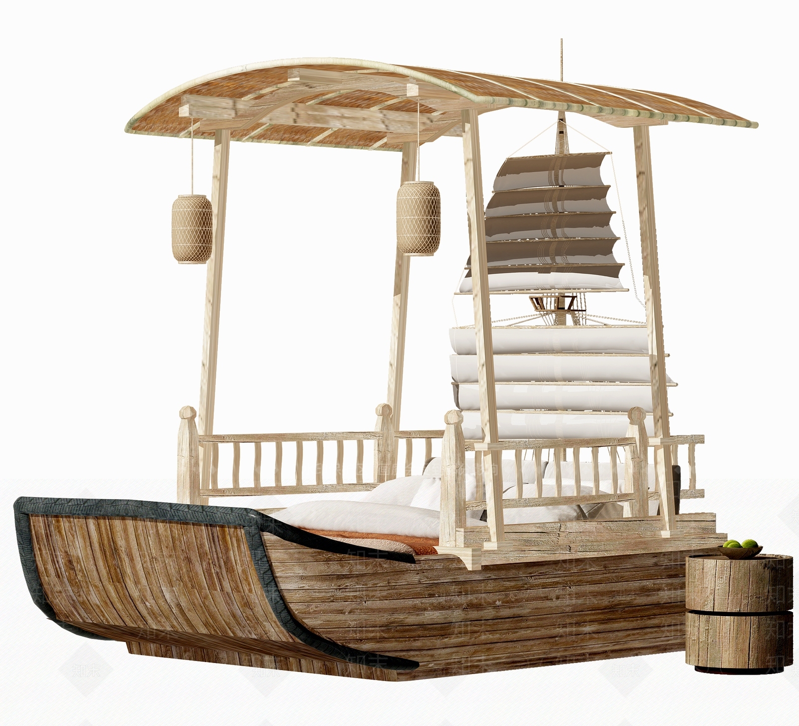 新中式帆船造型双人床3D模型下载【ID:798408029】