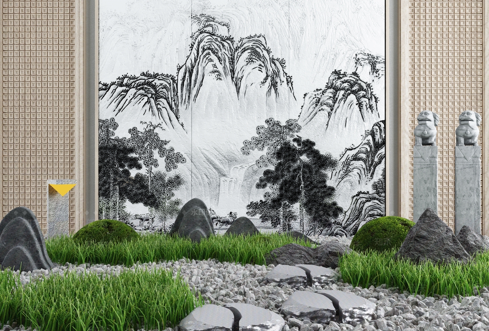 新中式假山山水3D模型下载【ID:498471446】