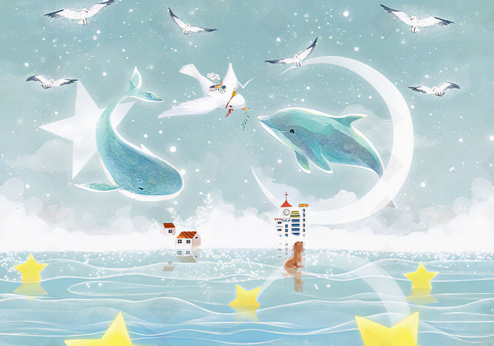 北欧卡通鲸鱼海豚壁纸贴图下载【ID:998544245】