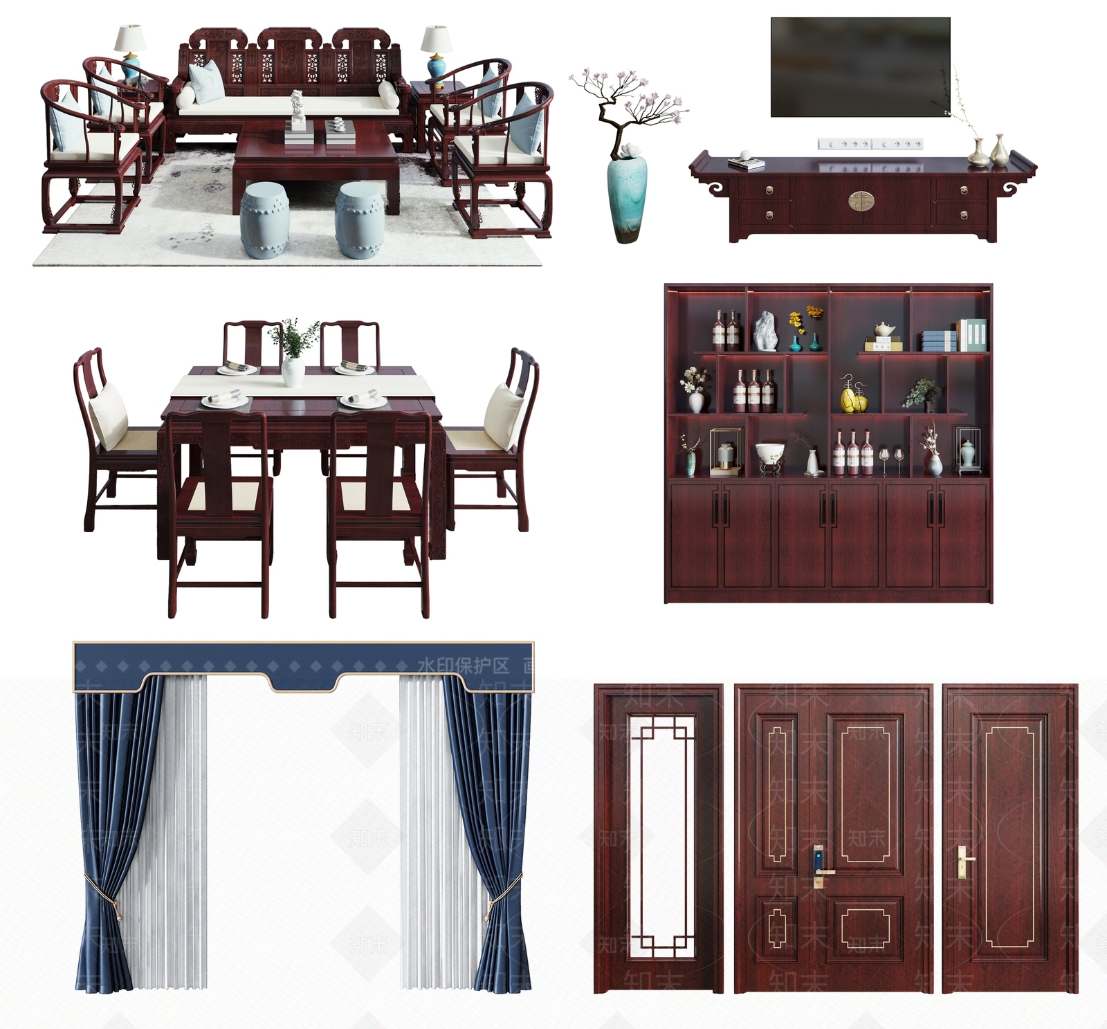 中式红木沙发茶几组合3D模型下载【ID:398617365】