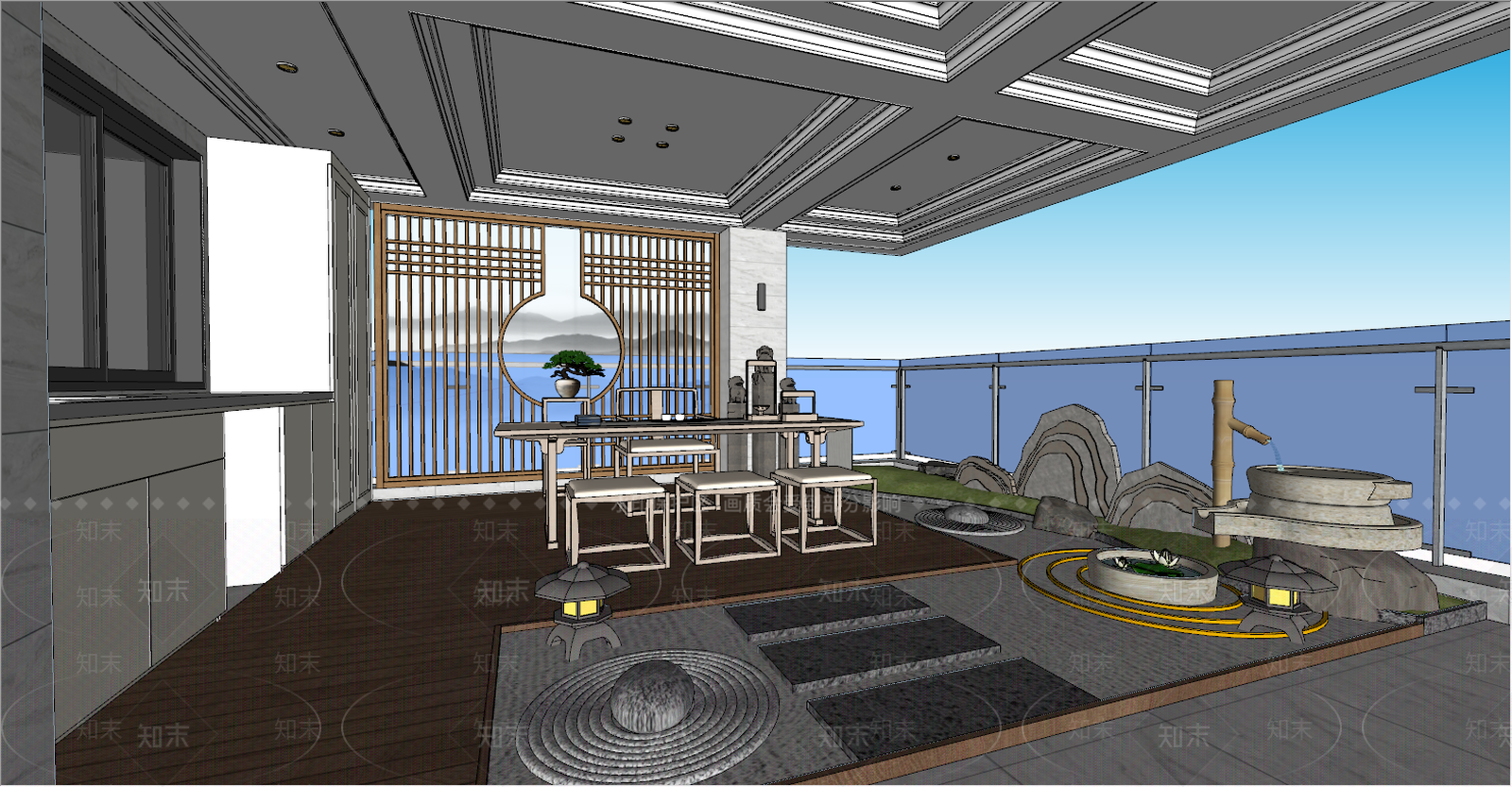 新中式家居茶室SU模型下载【ID:698621529】