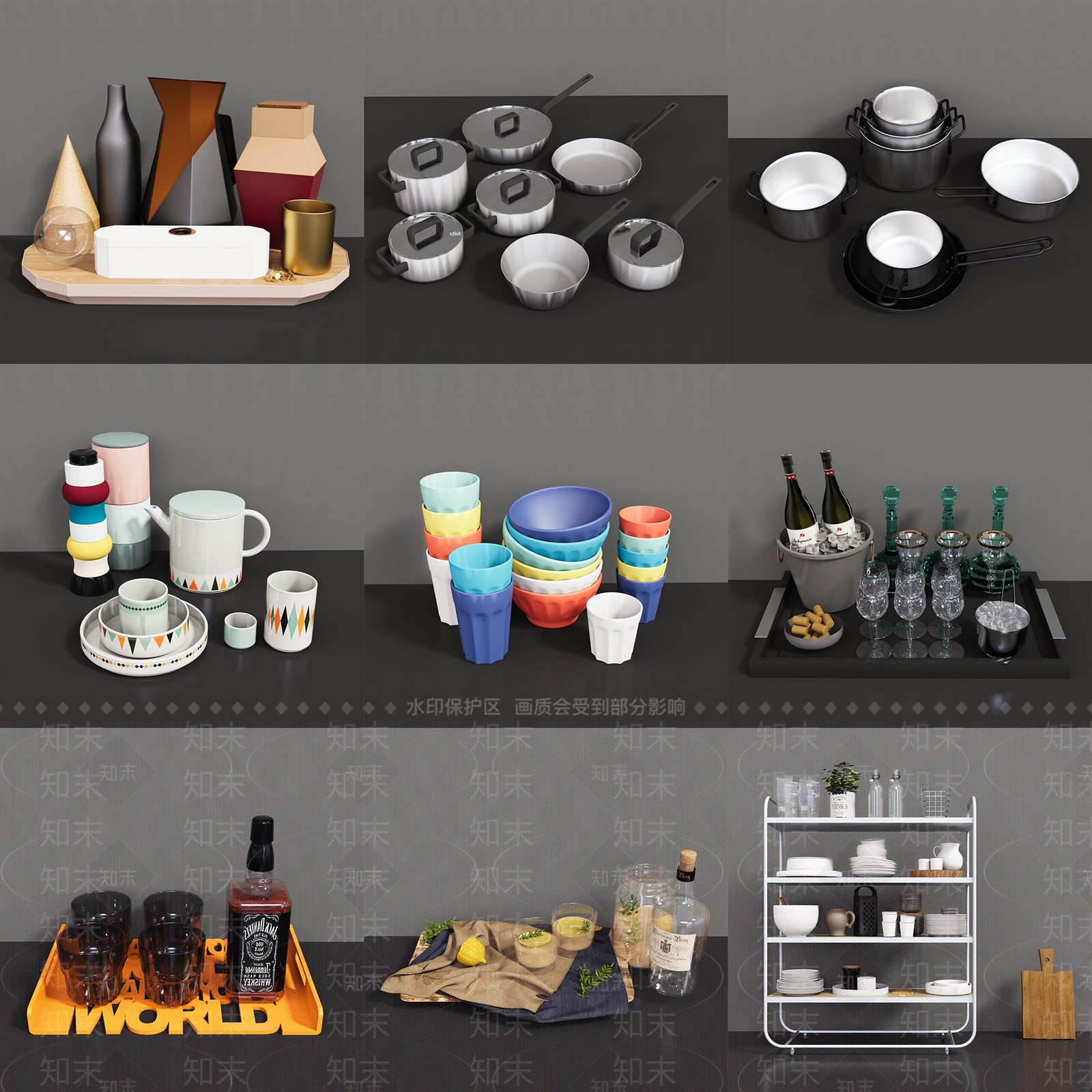 现代厨房用品组合SU模型下载【ID:198706392】