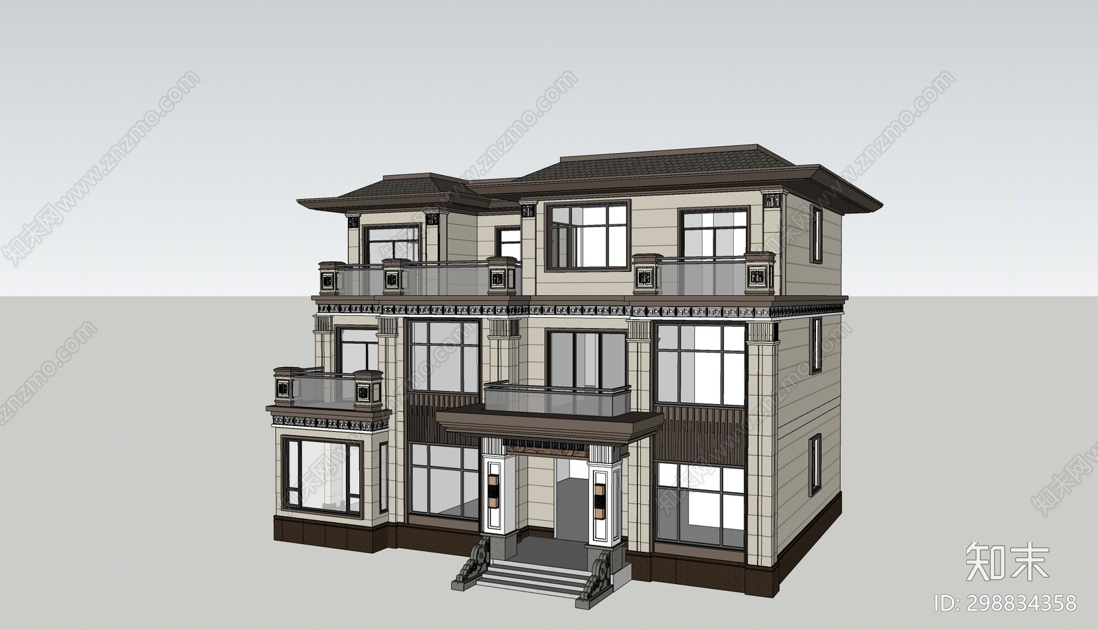 新中式独栋别墅SU模型下载【ID:298834358】
