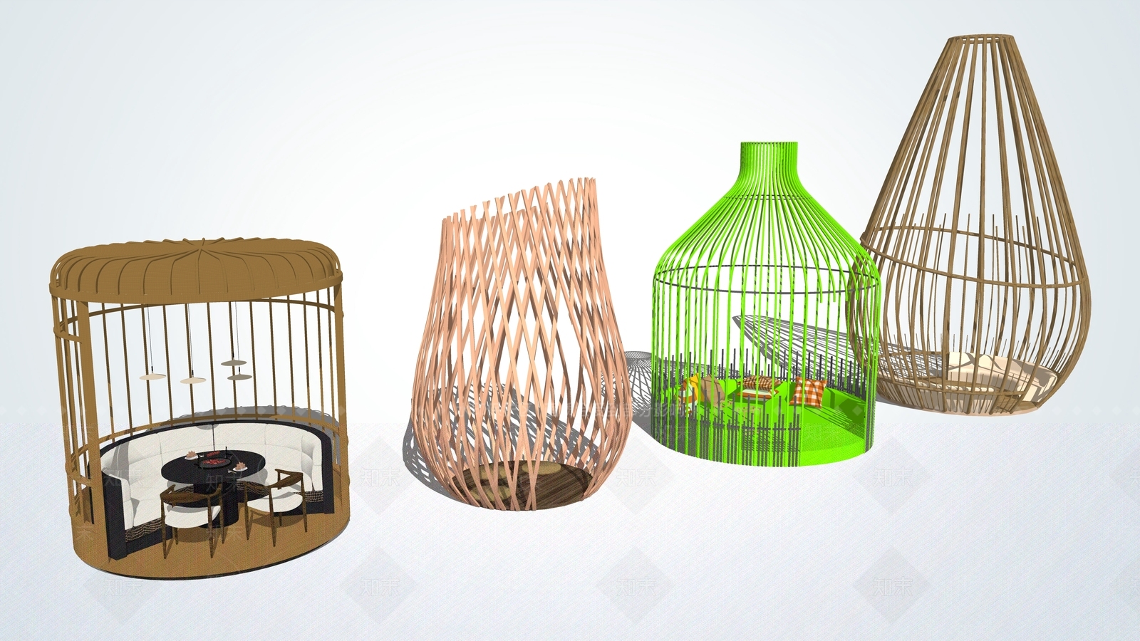 现代鸟笼景观亭SU模型下载【ID:498855866】