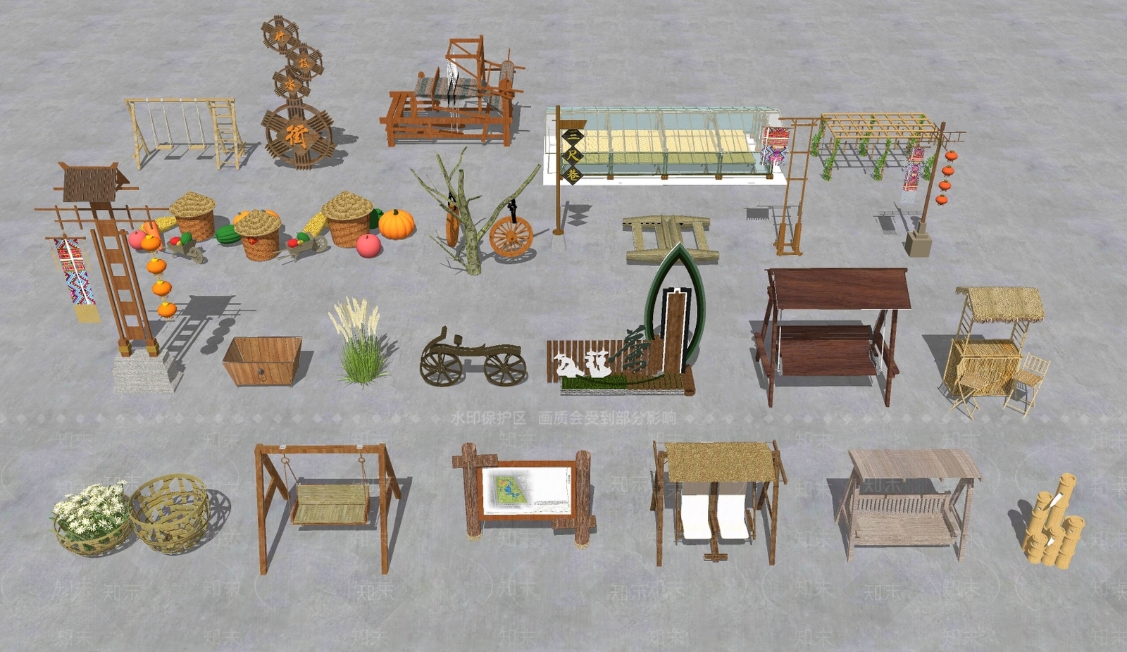新中式农具农家乐小品SU模型下载【ID:398859317】