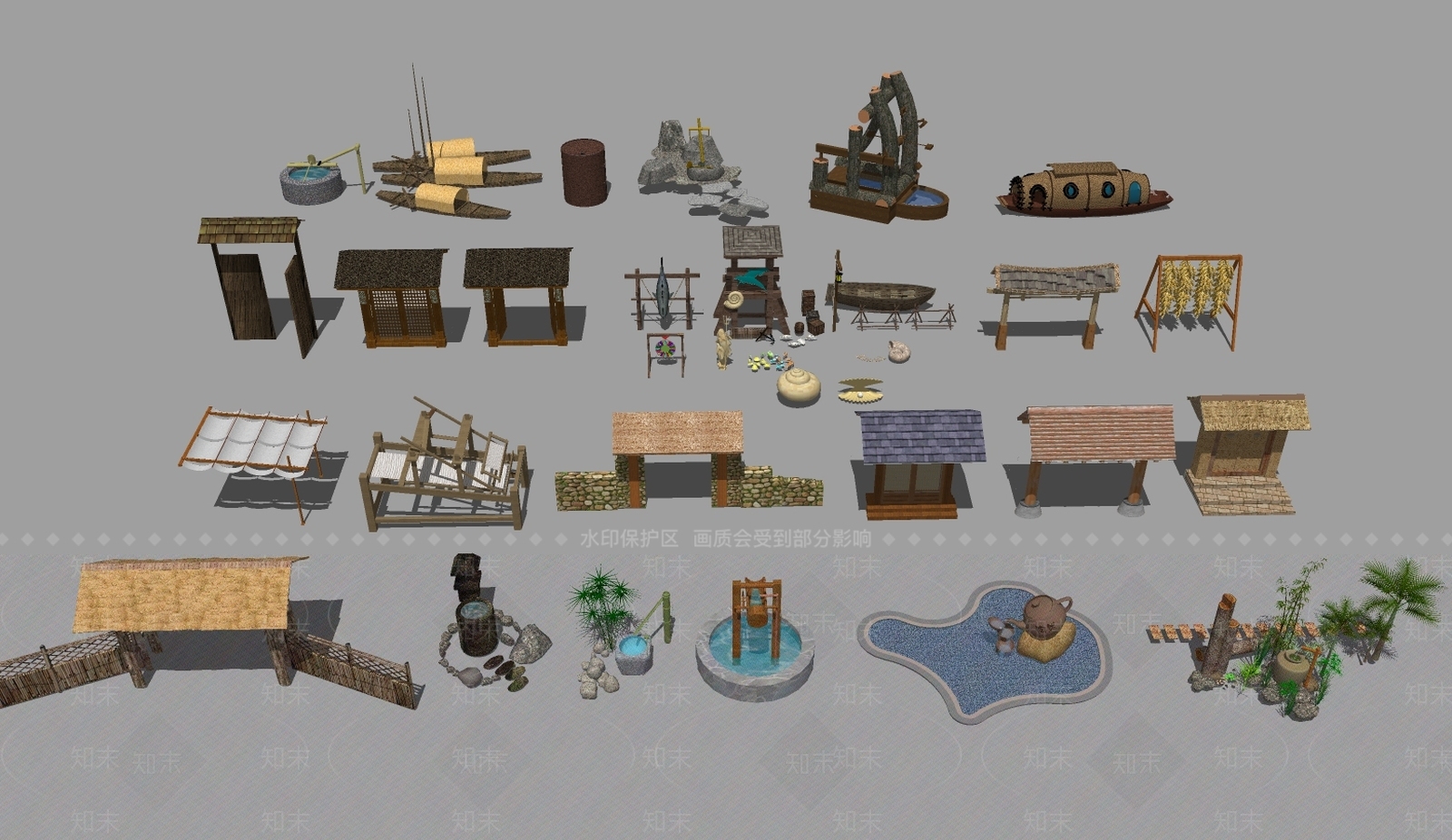 新中式农具农家乐小品SU模型下载【ID:398859319】