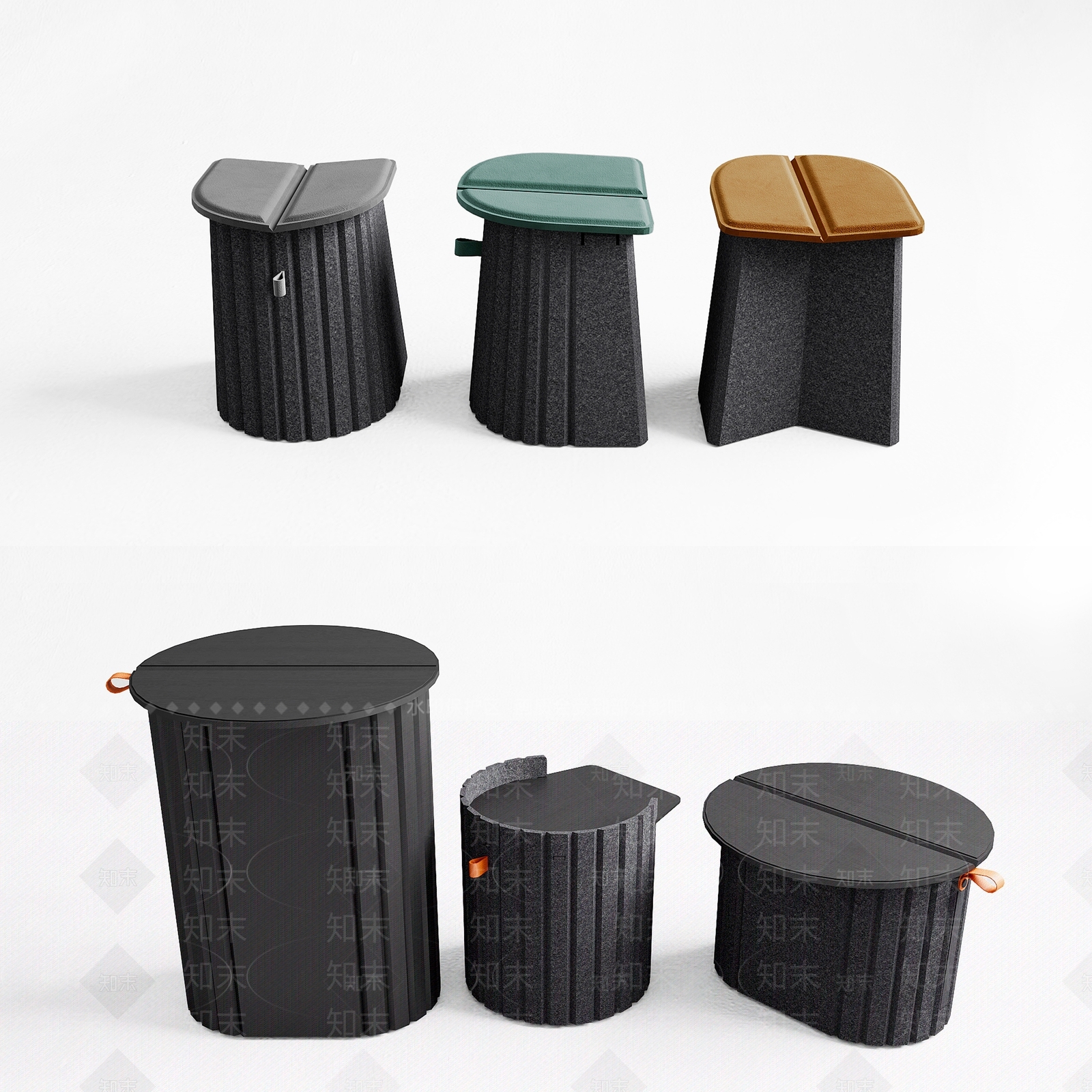 现代折叠矮凳组合3D模型下载【ID:499035320】