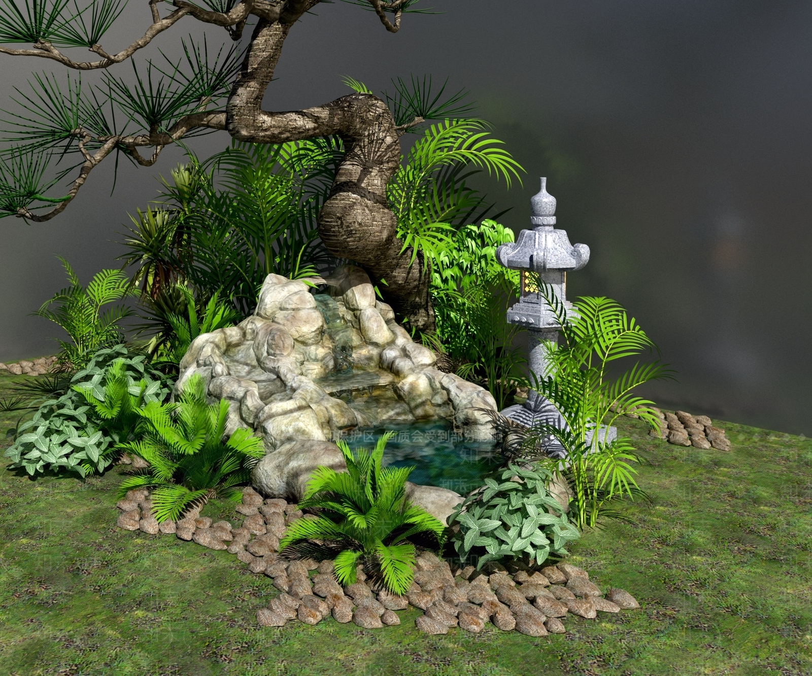 新中式假山山水3D模型下载【ID:499122457】