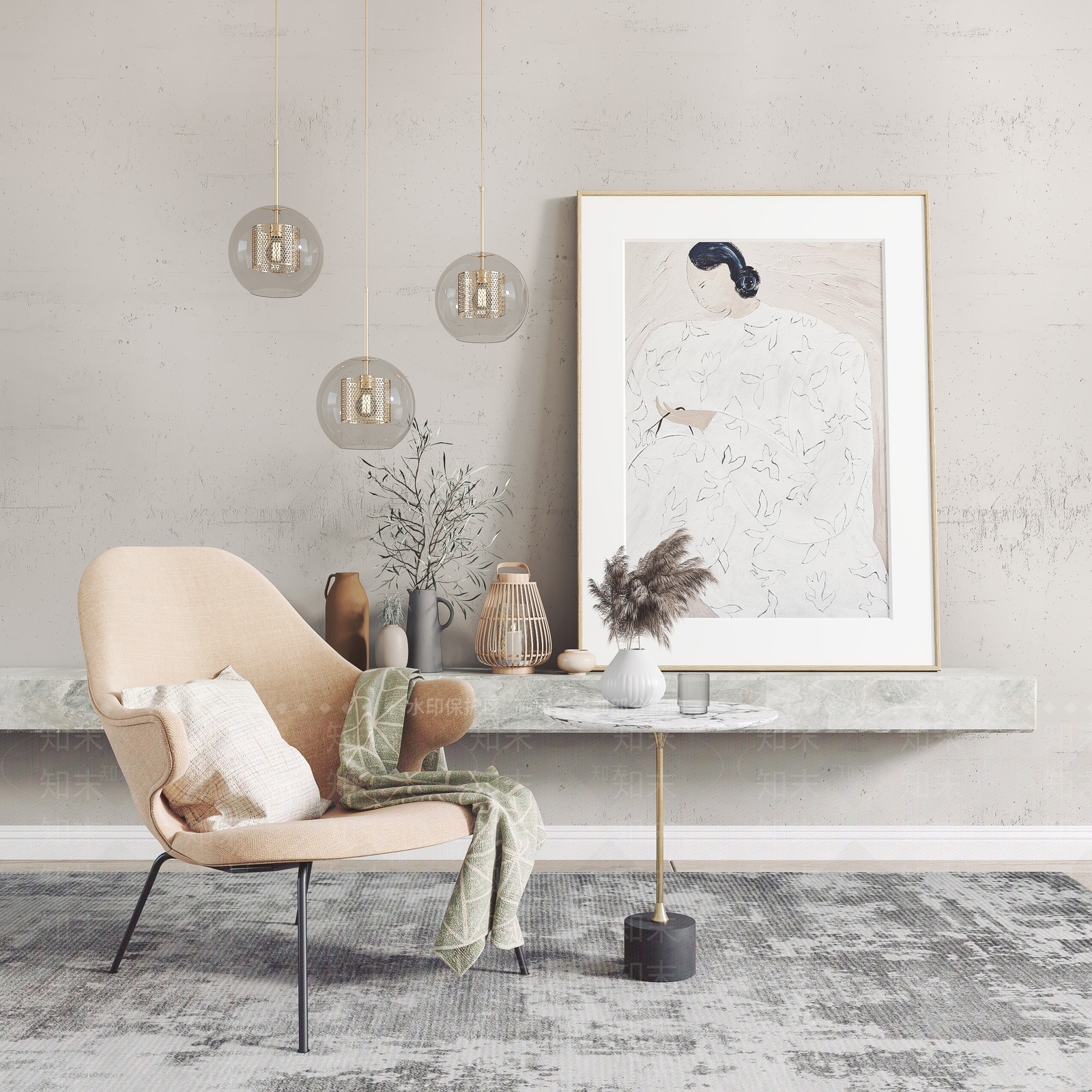 北欧椅子边柜组合3D模型下载【ID:999246877】