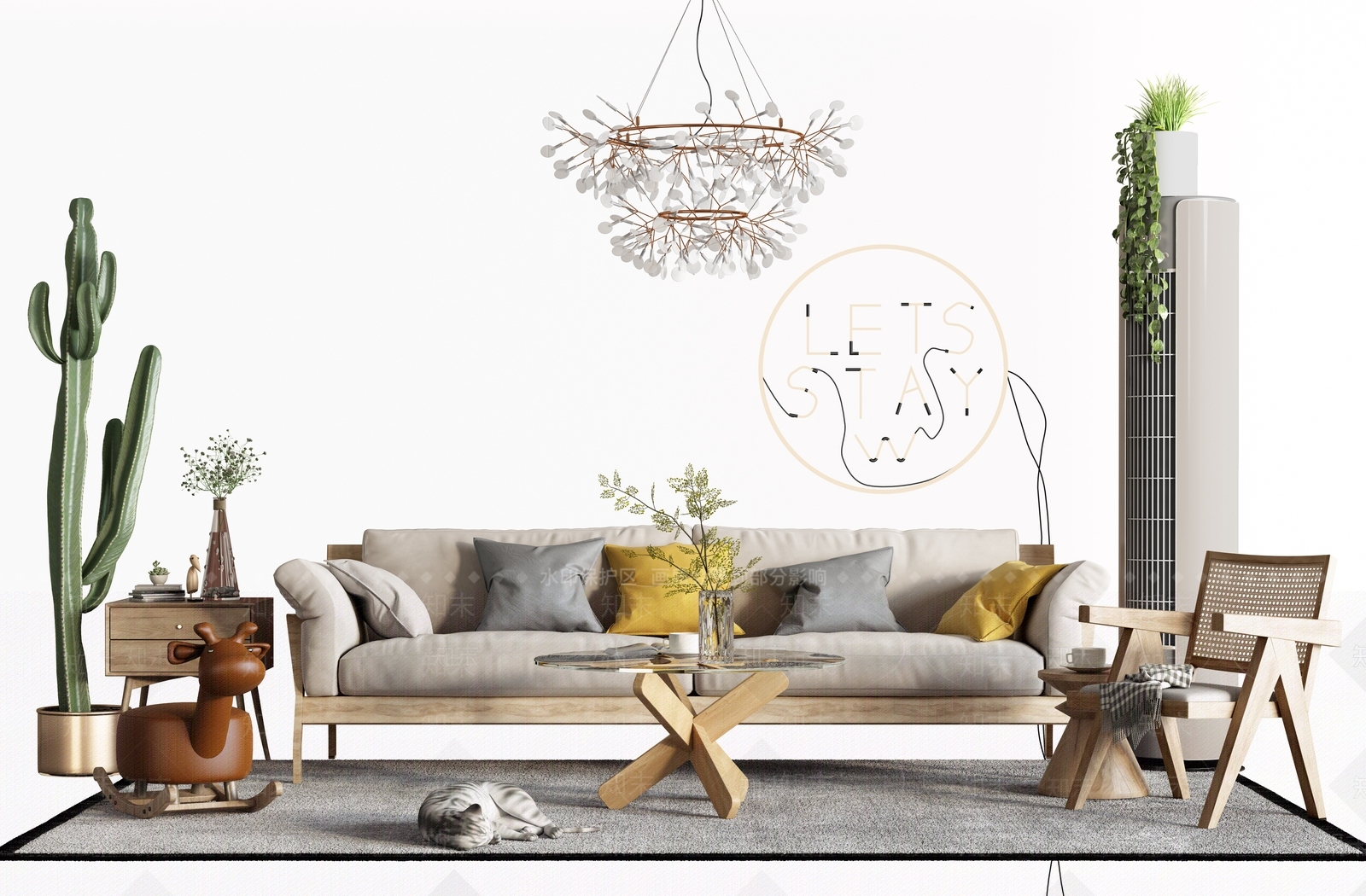 日式沙发茶几组合3D模型下载【ID:399281361】